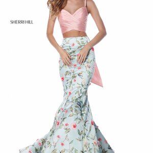 SHERRI HILL 51943 BLUSH/AQUA PRINT SIZE 4 TWO-PIECE FORMAL/PROM/HOMECOMING DRESS